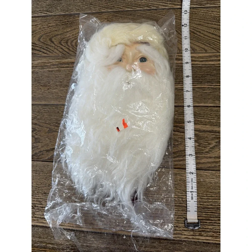 Vintage Santa Claus Head Wall Hanging Decoration With Fluffy Beard & Red Hat